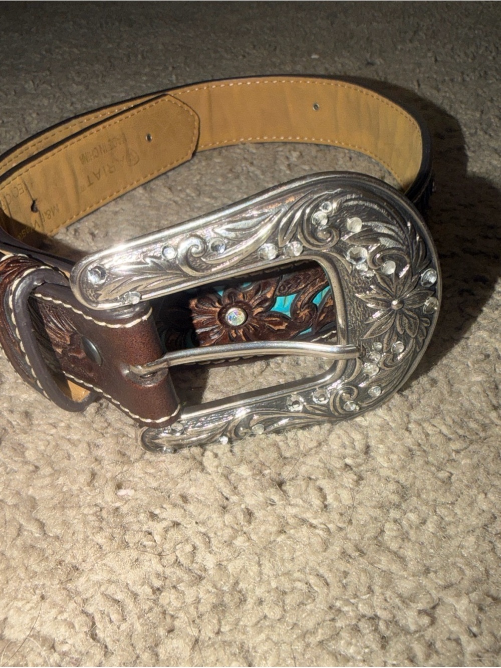 Ariat Brown Leather Kids Belt with Silver Floral Buckle and Turquoise Accent